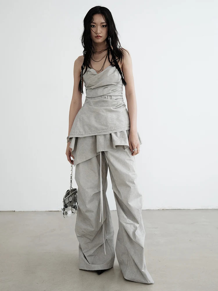 [EAM] Women Gray Pleated Irregular Hem Elegant Tank Tops New V-collar Sleeveless Personality Fashion Spring Summer 2026 1DH6256