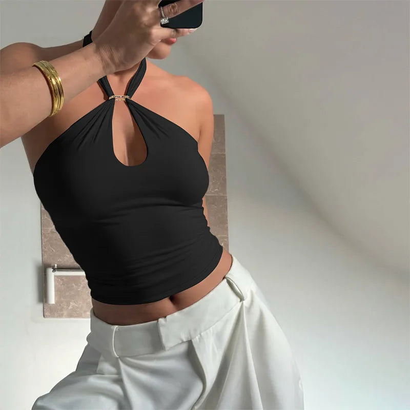 Women Fashion Halter Solid Loop Backless Bandage Sexy Crop Tank Top 2026 Summer Casual Clothes Streetwear Vacation Club Style