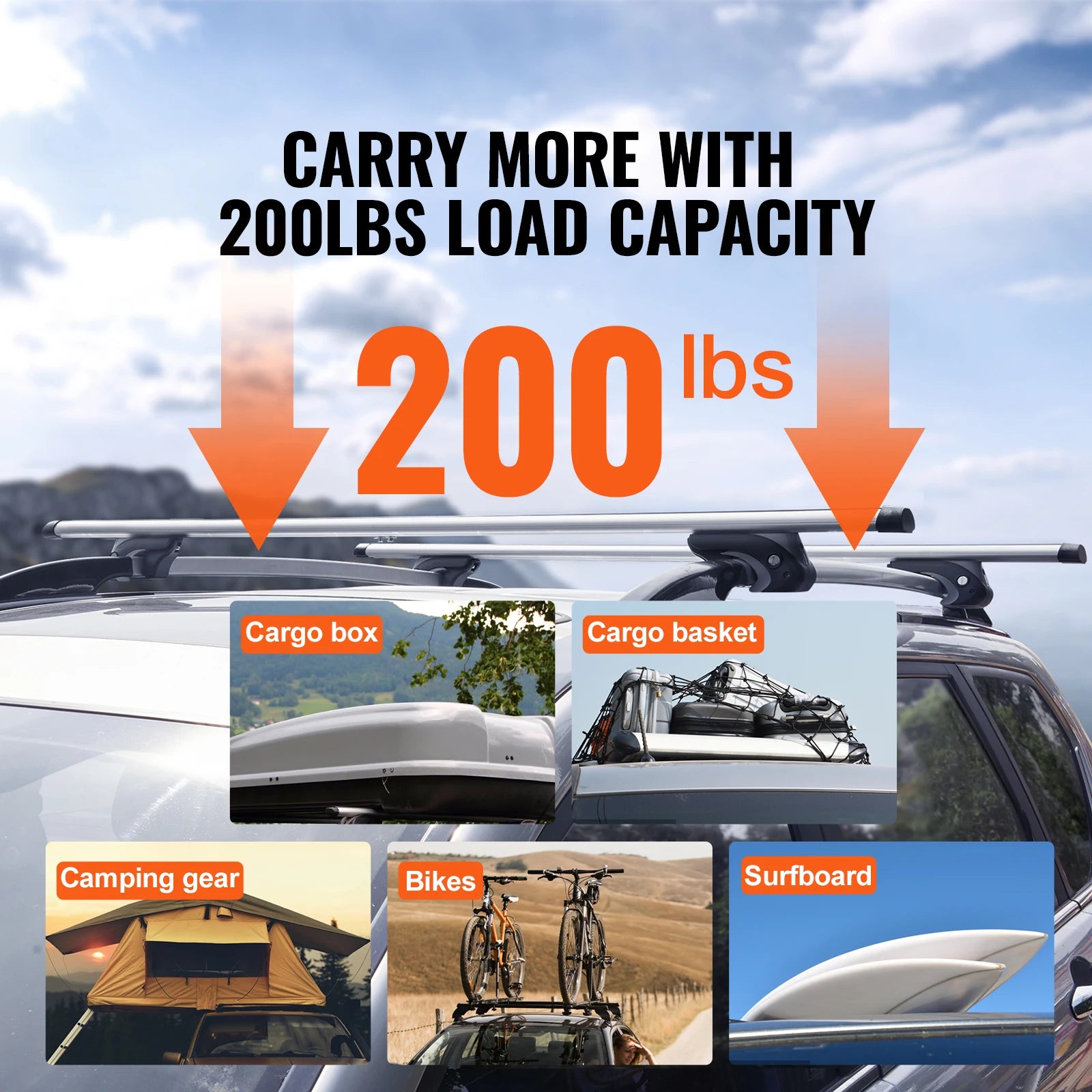 SucceBuy Roof Rack Crossbar Adjustable Aliuminum Roof Rail Crossbar Baggage Luggage Carrier 200LBS Roof Crossbar Silver Black