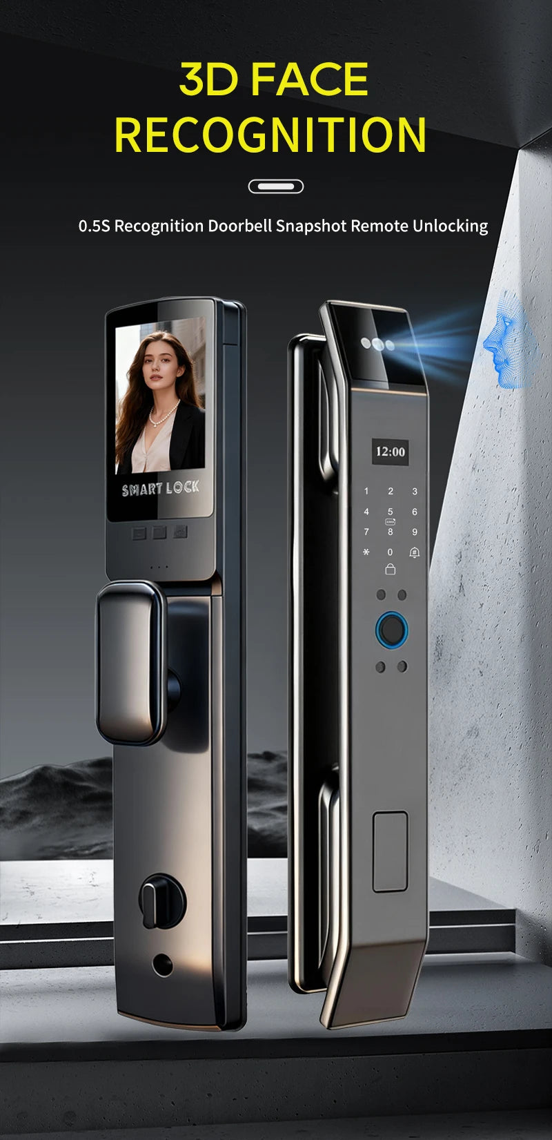 3D Face Recognition Fingerprint Password Smart Door Lock with  Remote Unlocking Wishome APP  Smart Lock Electronic door lock