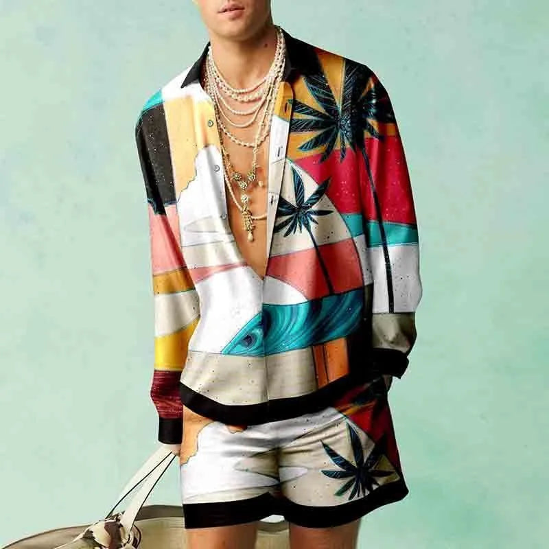 2PCS Suits Men Fashion Shirts+Shorts Two Piece Sets Hawaii Shirts Luxury European Shirt Sets Beach Vocation Outfits Streetwear