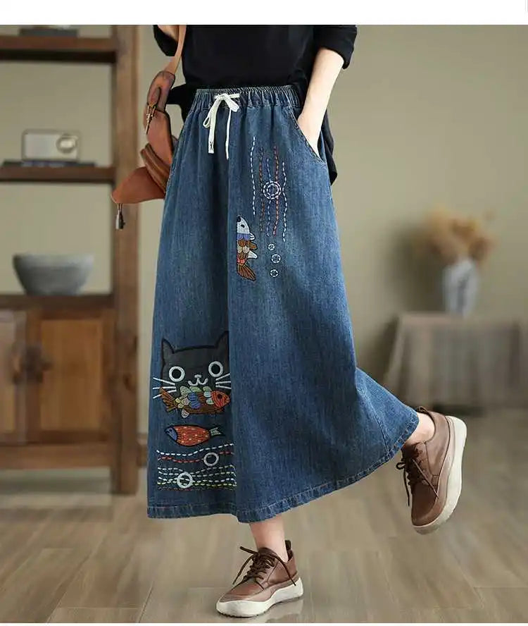 2026 Women's Denim Skirts Retro Cartoon Animal Embroidery Casual Half Skirts Spring Summer High Waist Fashion Loose Midi Skirts