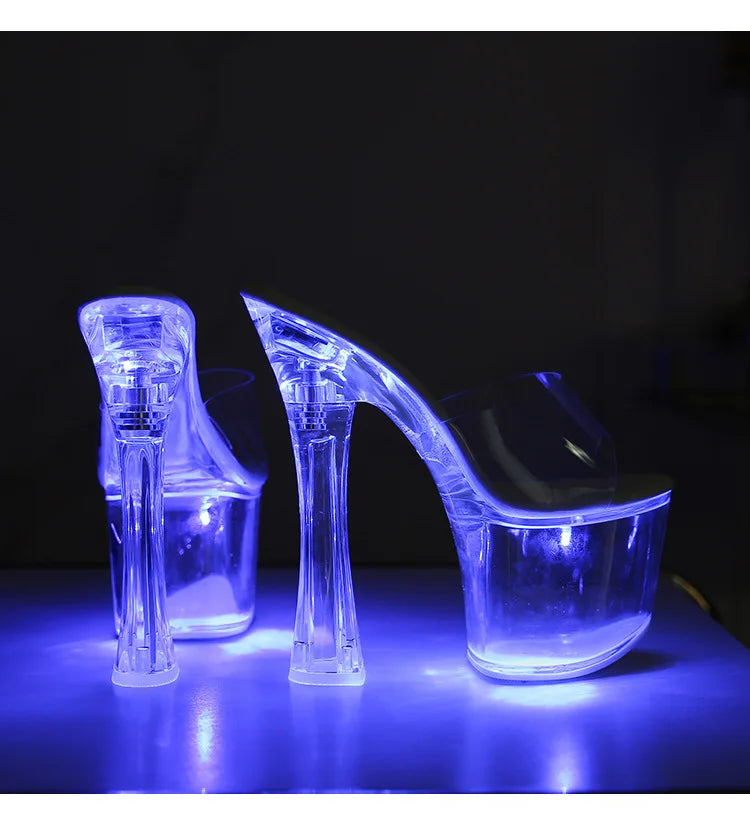 Glowing Crystal High Heels 17cm Nightclub Shoes Sexy Transparent Waterproof Platform Showgirl Stiletto Women's Sandals