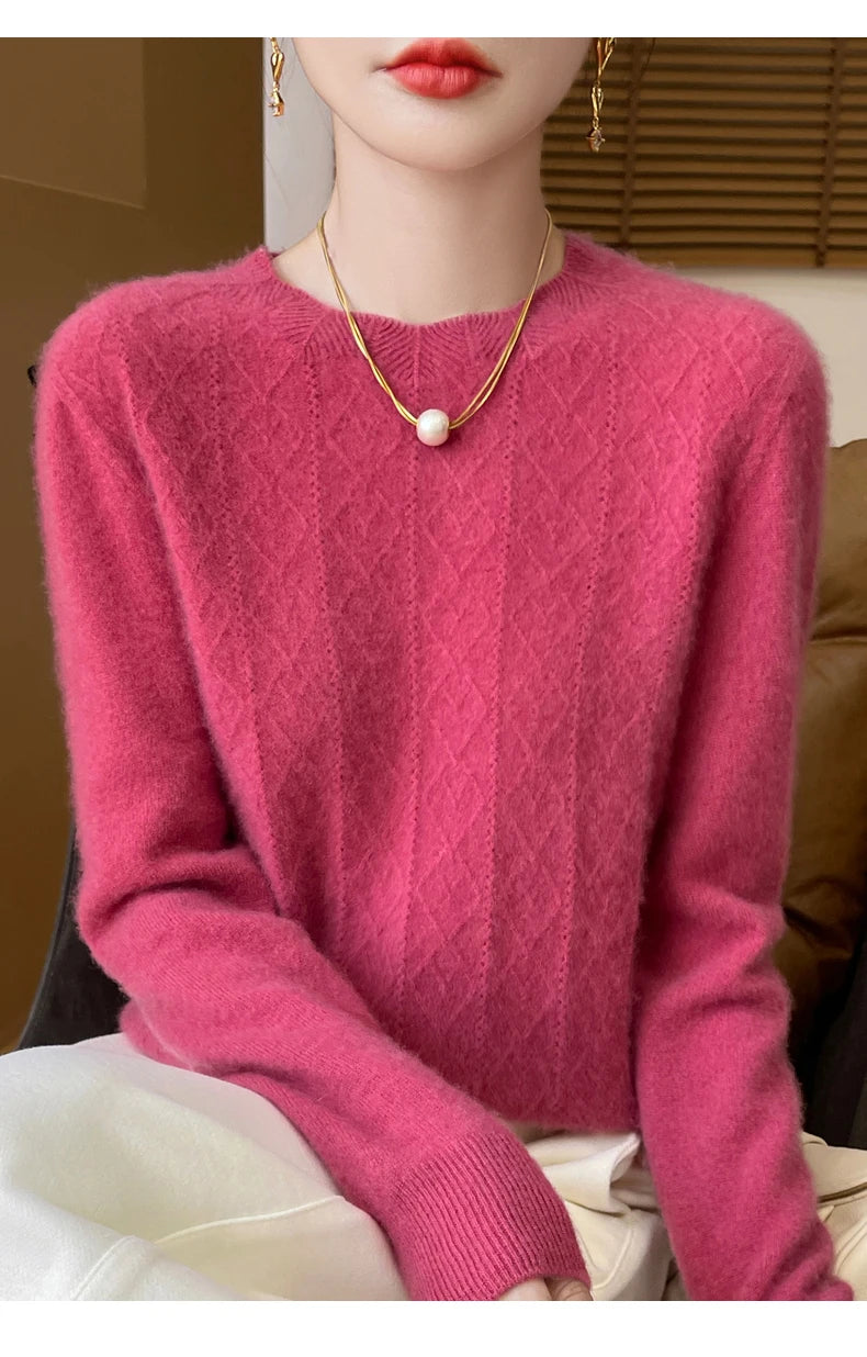 Fall/Winter 2024 New Women's Sweater 100% Pure Wool Lotus Collar Solid Color Loose Knitted Cashmere Pullover