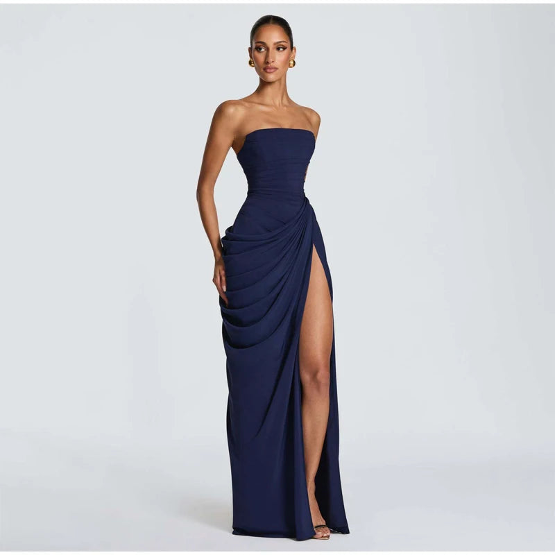 Women Sexy Solid Pleated Strapless Dress Lady Chic Off-shoulder Backless High Waist Split Dresses 2026 Summer Evening Party Gown
