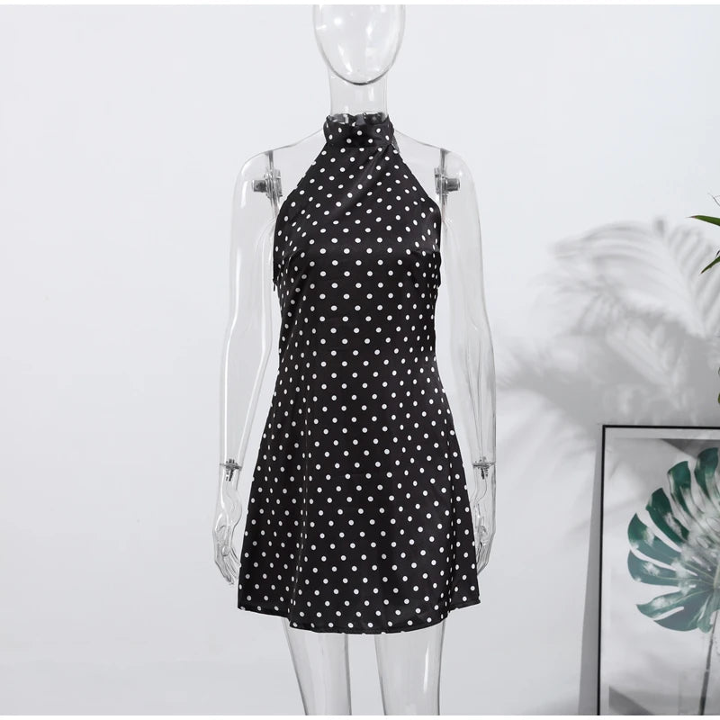 Fashion Lace Up Polka Dot Mini Dress Women Square Collar Short Sleeve Satin Party Dresses2026 Summer Lady Elegant Beach Robe New