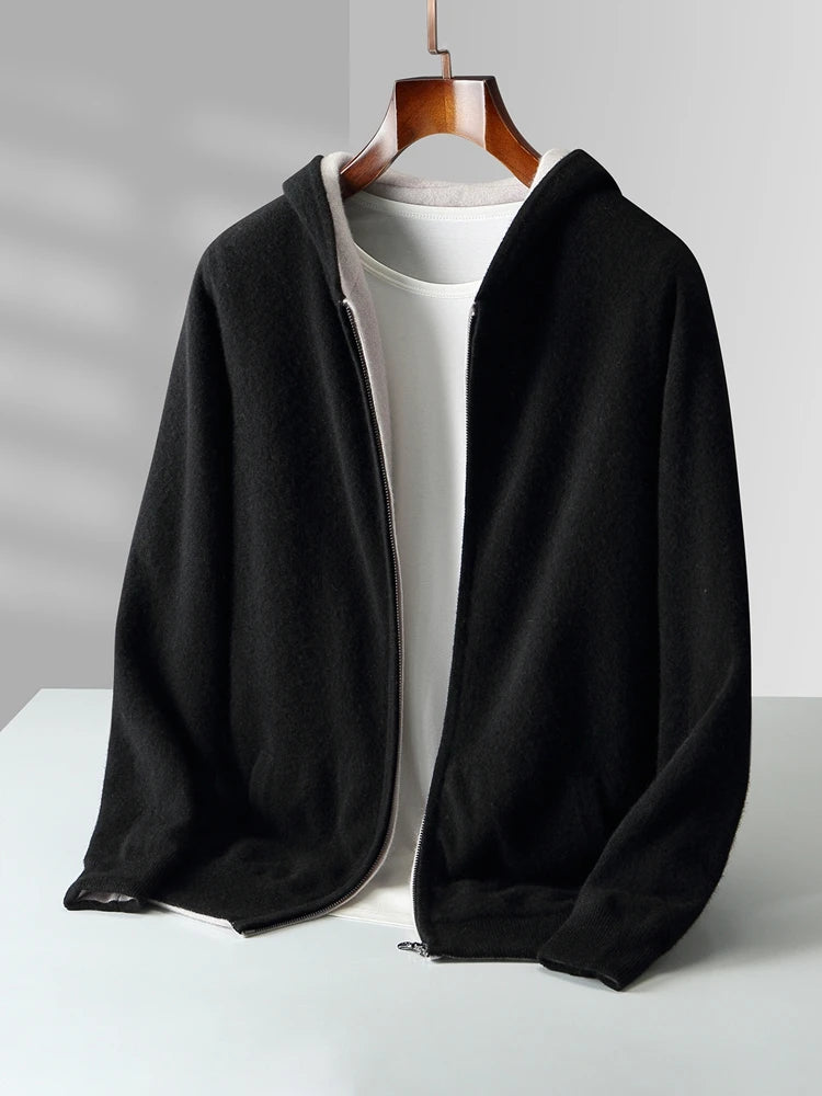 New Men's 100% Merino Wool Double Sided Wearable Hooded Sweater Casual Autumn Winter Coat Long Sleeved Men's Wool Sweater Tops