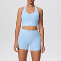 New solid-color double-sided brushed tight-fitting neckless short pants yoga set for exercise, running and fitness two-piece set
