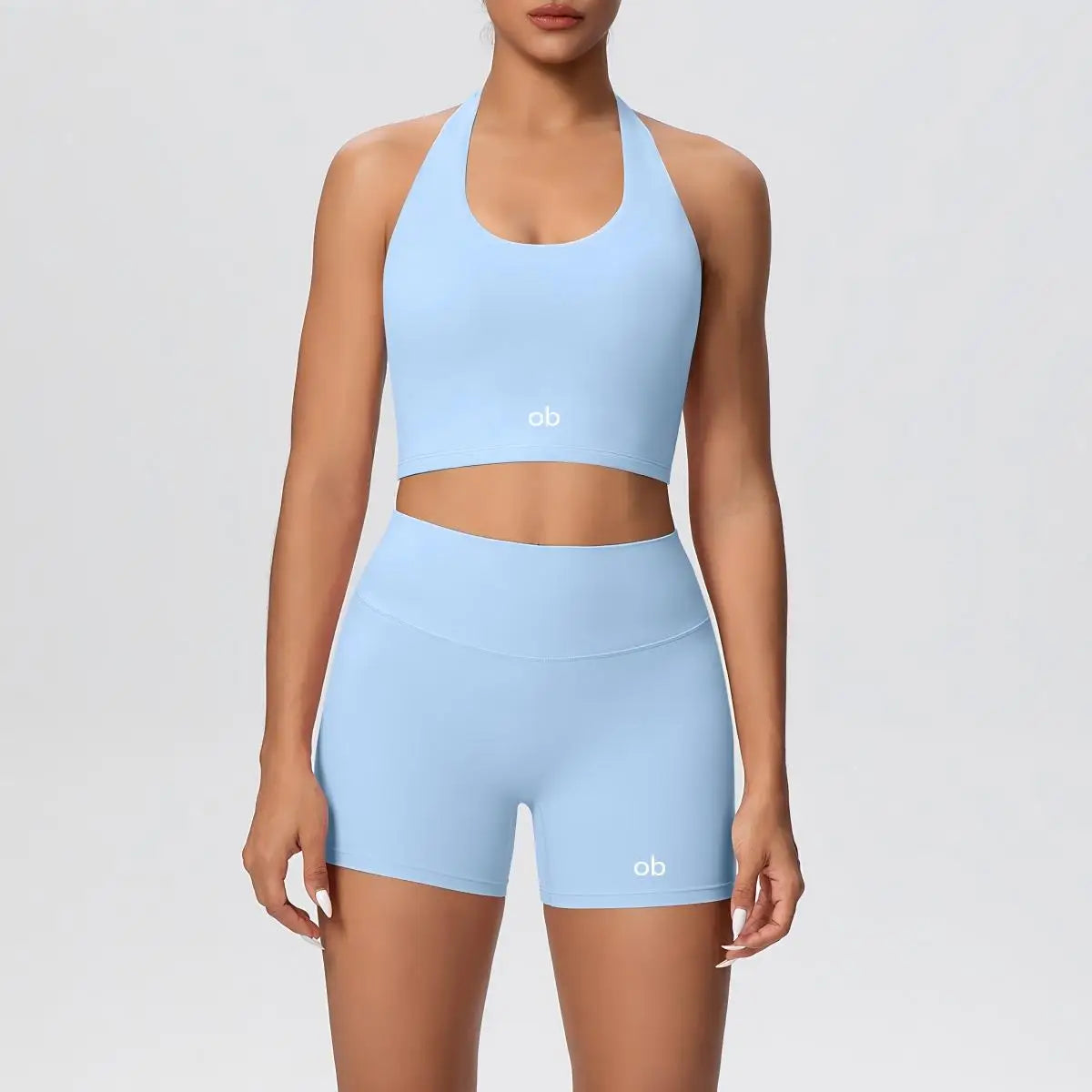 New solid-color double-sided brushed tight-fitting neckless short pants yoga set for exercise, running and fitness two-piece set