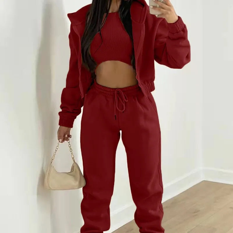 3 Set Long Pants Full Length Elegant Women Sets with Hooded Sweatshirt Top Regular Sleeve Winter Spring Autumn Streetwear
