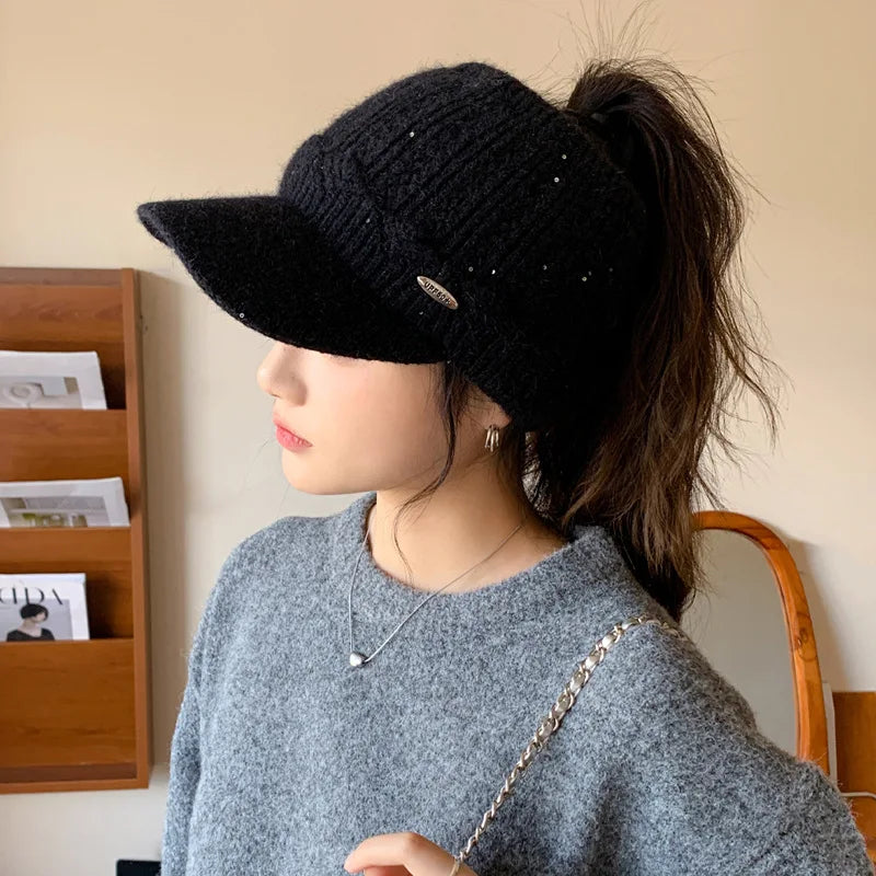 1pc Women's Solid Color Knitted Baseball Cap with Baseball Cap, Knitted Cap for Cold Weather,Suitable for Daily Use Winter Fall