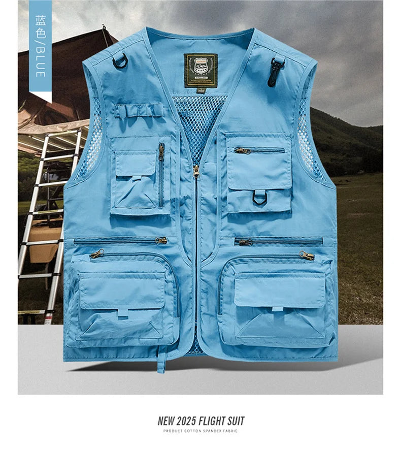 Mesh Men's Fishing Vest Multi Zip Pocket Hiking Waistcoat Male Light Thin Outdoor Sleeveless Jacket Work Summer Travel Plus Size