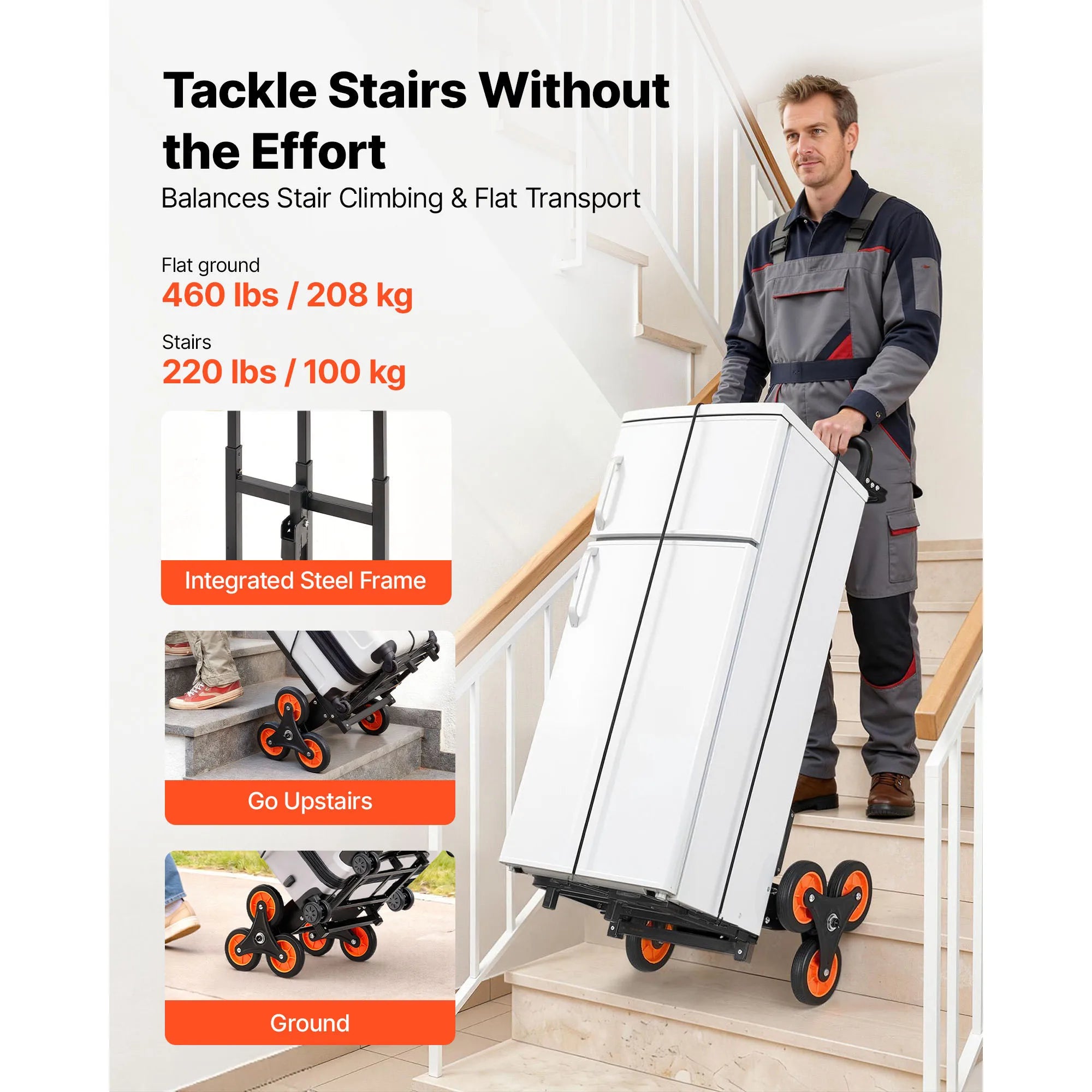 SucceBuy Stair Climbing Cart 220 lbs Stair-Climbing Capacity Heavy-Duty Folding Trolley Cart w/ Telescoping Handle for Groceries