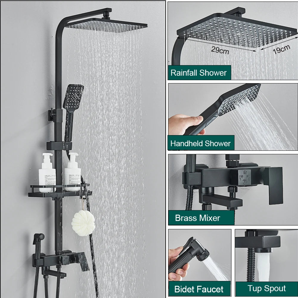 Shower Faucet Set Rainfall 3/4-ways Bathtub Tap With Bathroom Shelf Height Adjust Brass Mixer Crane Hot Cold Water Systems