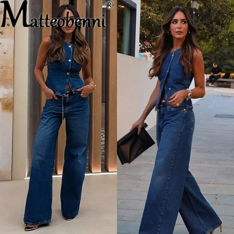 Streetwear Denim 2 Piece Sets Women Outfit Spring Summer Women 2025 Sleeveless Vest Top Wide Leg Pants Sets Jeans Two Piece Set