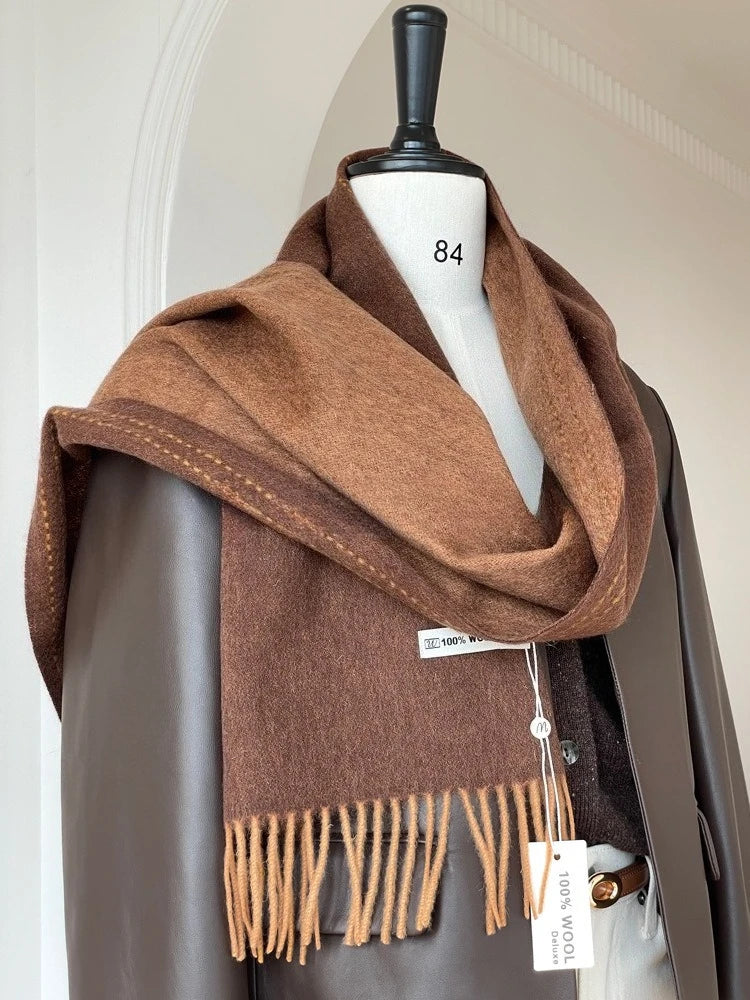 High Quality Australia100% Pure Wool Scarf Women Fall Winter Design Double-Sided Stitching Knitted Cashmere Shawl Female Muffler
