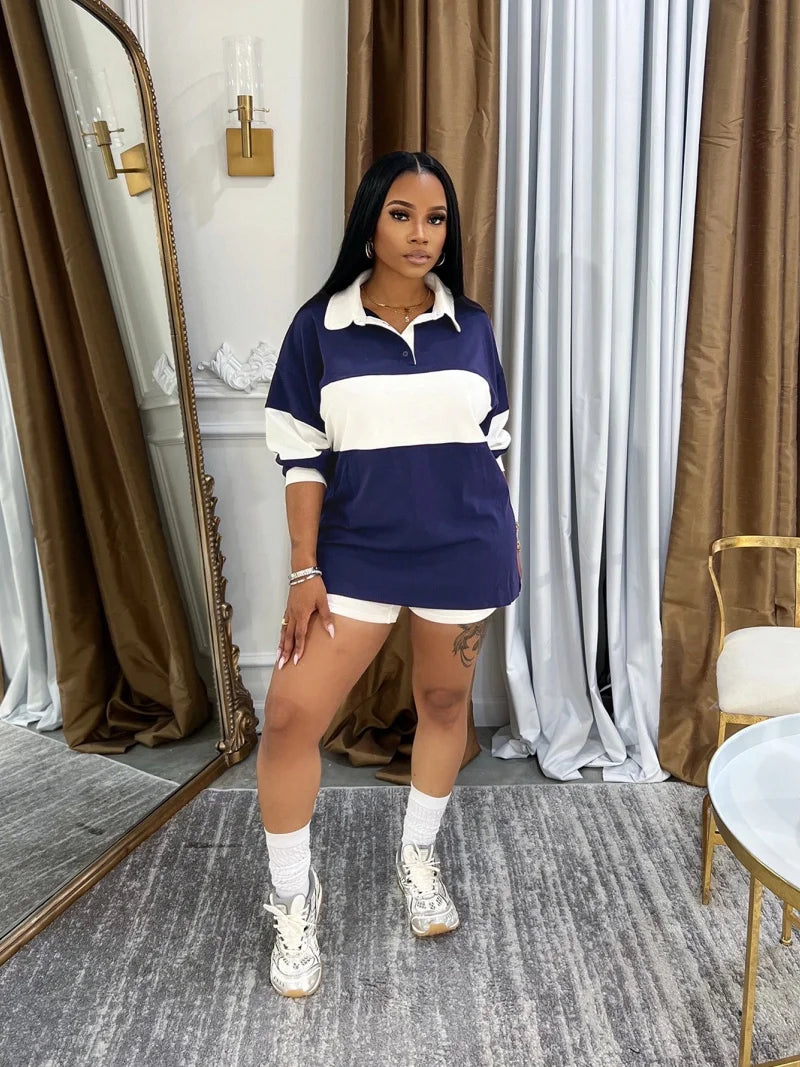 Streetwear Colorblock 2 Piece Sets Women Outfit Summer Clothing Women Full Sleeve Polo-T-Shirt Top Shorts Sets Sporty Tracksuits