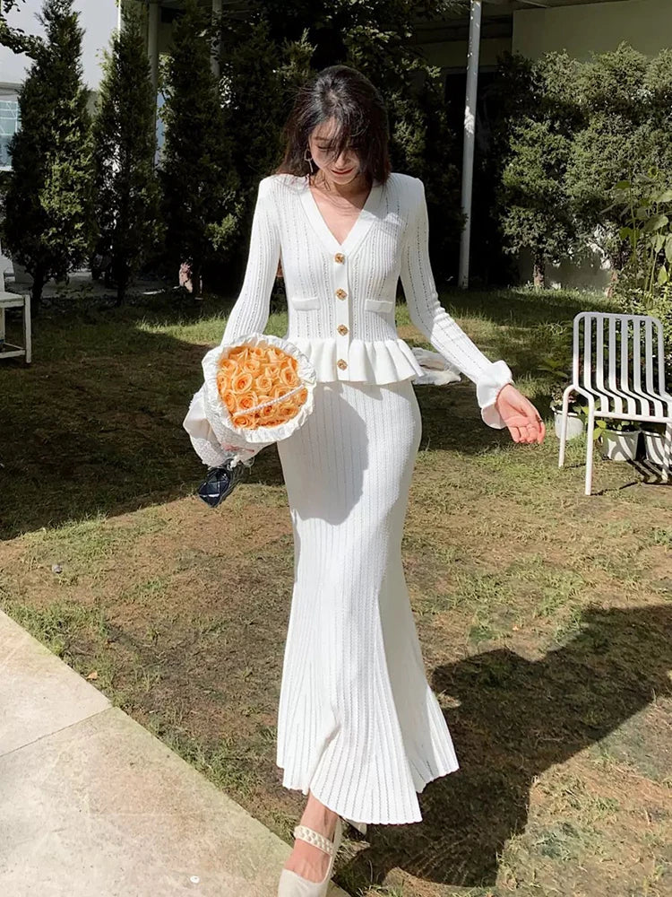 Celebrity temperament blue V-neck knitted women's dress ruffled splicing stretch Slim long fishtail dresses 2024 summer new