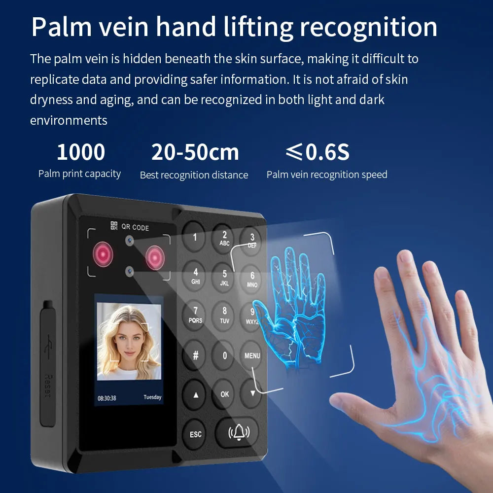 M25 Face Recognition Time Attendance Access Control Fingerprint+Palm Vein+RFID+PIN+Face Unlock Doorbell