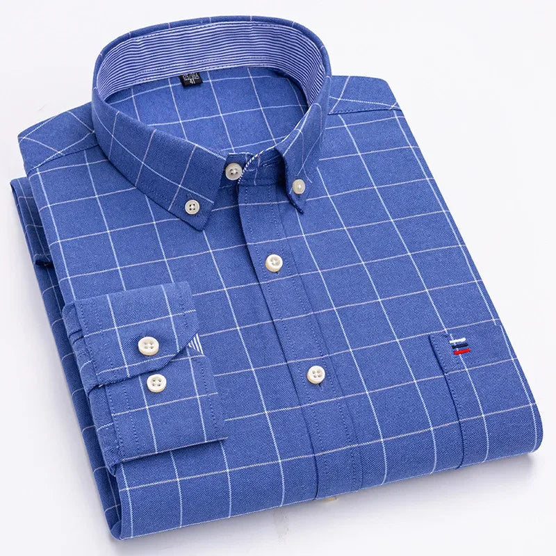 Men's 100% Cotton Smart Casual Shirt Long Sleeve Plaid Oxford Casual Solid Color Print Regular Fit Dress Shirt Oversized  6XL