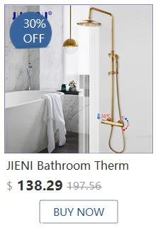 JIENI Bathroom Thermostatic Shower Faucet Set Antique Brass Wall Mounted Rainfall Shower Head W/ Single Handle Control Mixer Tap
