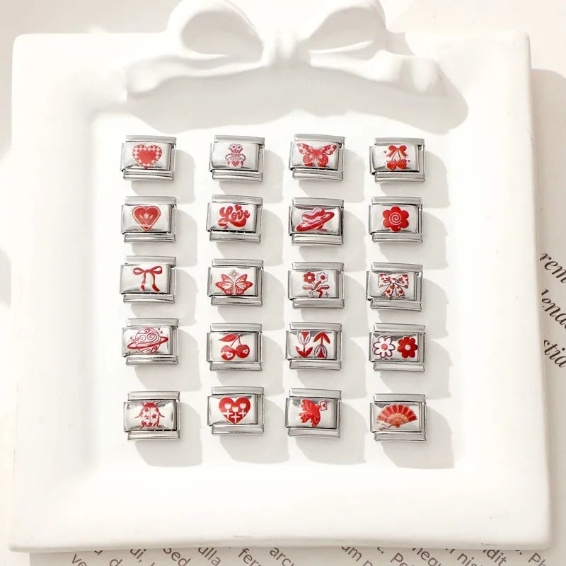 Fashion Red Series Heart Flower Bowknot Cherry Women Men Charm Link fit 9mm Stainless Steel Italian Bracelet Making DIY Jewelry