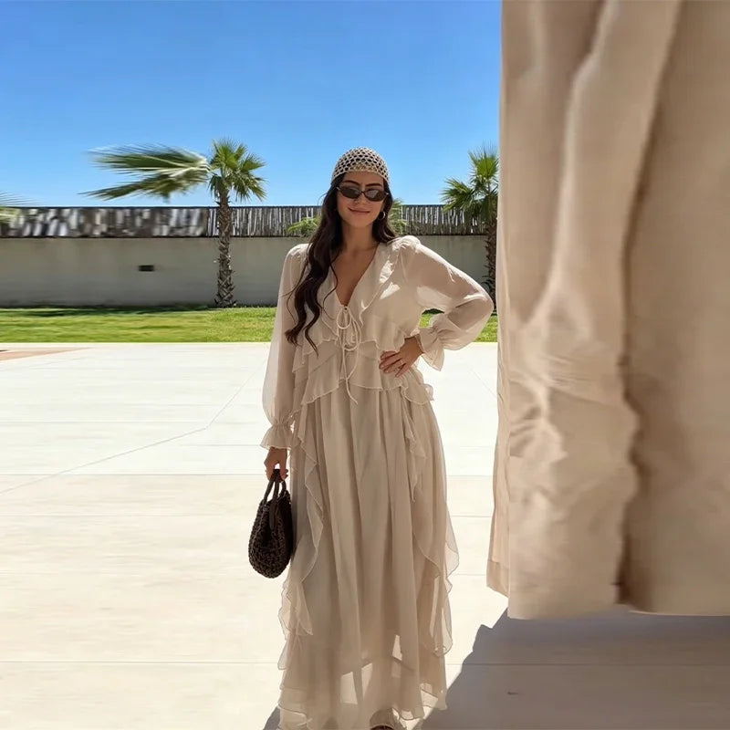 2026 Casual Solid Ruffles Patchwork Robe Women Minimalist Full Sleeve Mesh Loose Fit Lace Up Maxi Dress Vacation Daily Date Wear