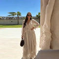 2026 Casual Solid Ruffles Patchwork Robe Women Minimalist Full Sleeve Mesh Loose Fit Lace Up Maxi Dress Vacation Daily Date Wear