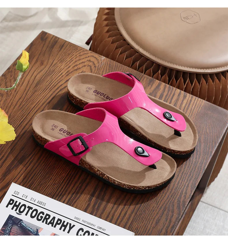 New Cork Sandals for Women Open Toe Beach Slippers with Adjustable Buckle Women Flats Leather Cork Footbed Flip Flops