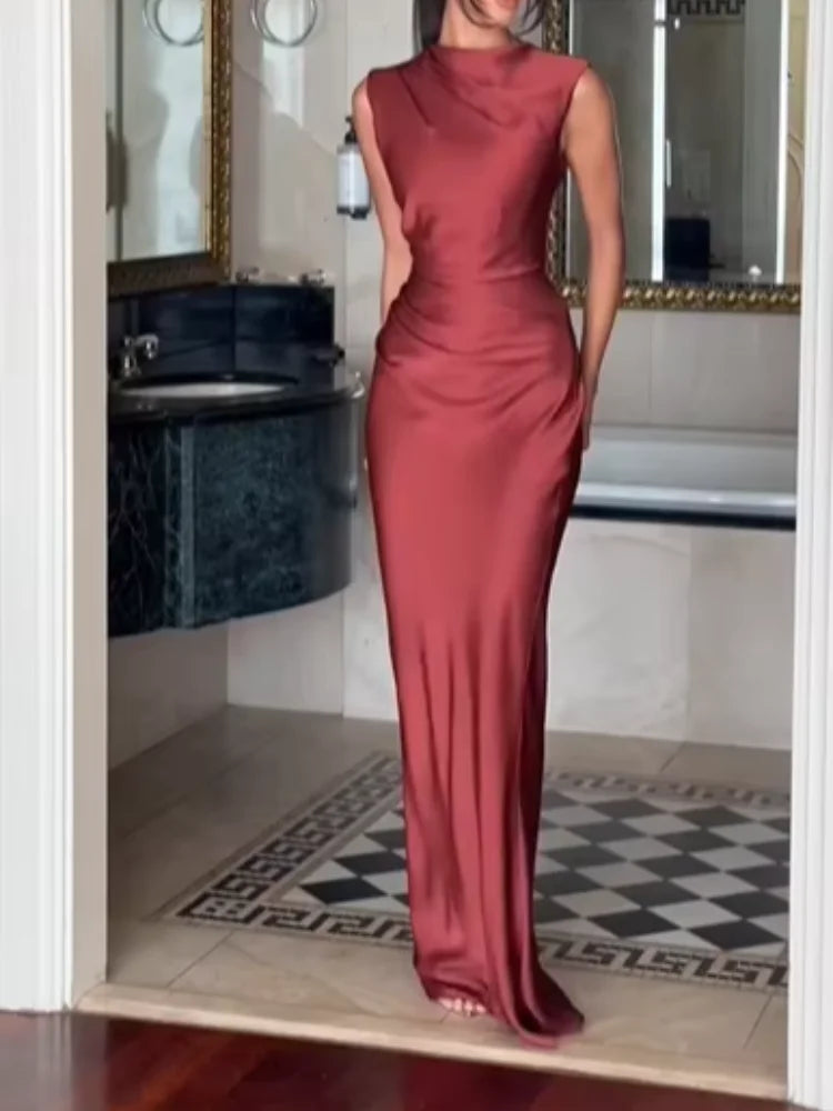 Women Fashion Solid Pleated Halter Dress Waist-cinching Sleeveless Backless Split Maxi Dresses 2026 Sexy Summer Lady Party Gowns