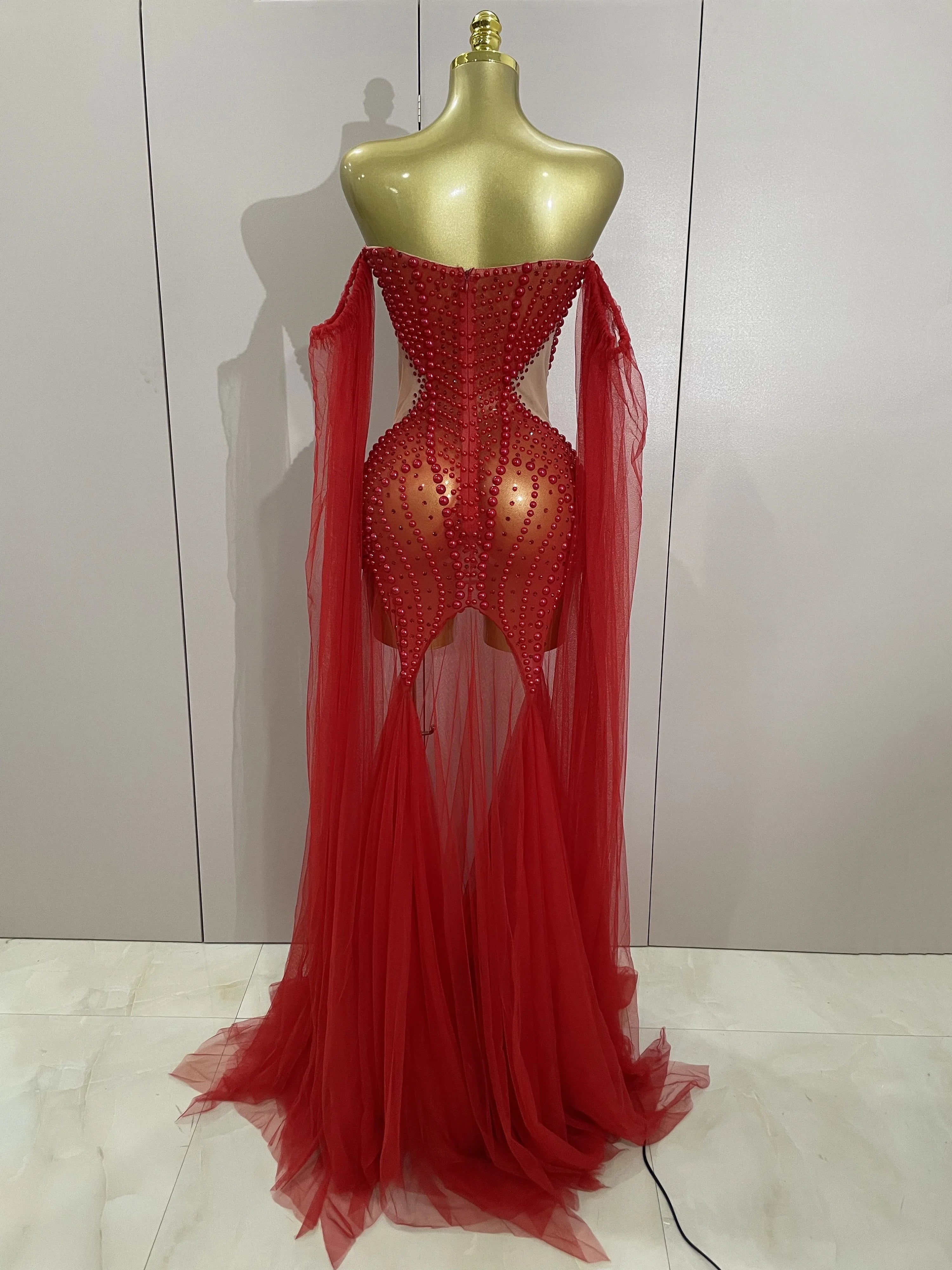 Elegant Sparkly Rhinestone White Pearl Sexy Strapless Mesh Long Dress Wedding Guest Gowns Luxury Birthday Evening Party Dress