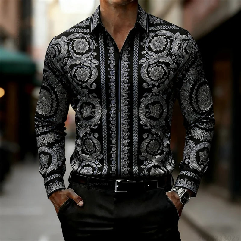 Men's Shirt Luxury Baroque Style Gold Pattern Long Sleeve Shirt Fashion Slim Palace HD Print Shirt AliExpress Hot Sale XS-6XL