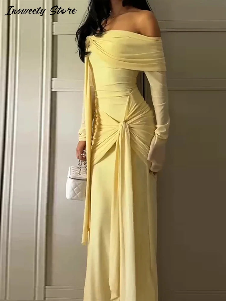 Elegant Solid Lace Up Dress Women's Off The Shoulder Long Sleeve Draped Dresses 2026 Spring New Female Chic Party Robes ﻿