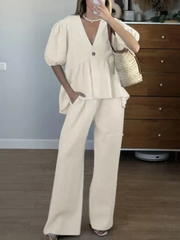 Elegant Solid 2 Piece Sets Women New Fashion Puff Short Sleeve V-Neck Button Top Wide Leg Pants Suit Casual Streetwear Outfit