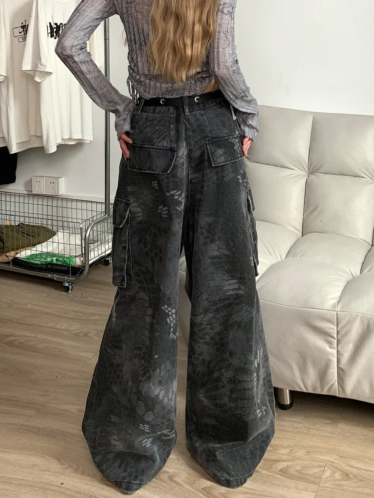 Plus Size Womens Loose Jeans Casual Comfort Stretch Denim Pants Wide Leg Trousers Camo Snake Design Trendy