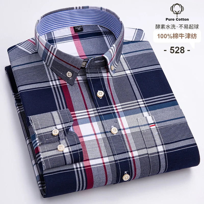 2024 Fashion Men Work Business Brand Shirt Mens Plaid Cotton Casual Dress Shirts Slim Fit Long Sleeve Button Down  Chemise Homme