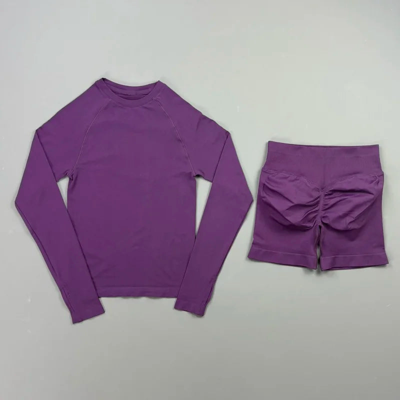 2 Piece Fitness Outfit Women Raglan Long Sleeve Crew Neck Top Hip Shaping Scrunch Shorts Stretch Soft Dance Gym Workout Set