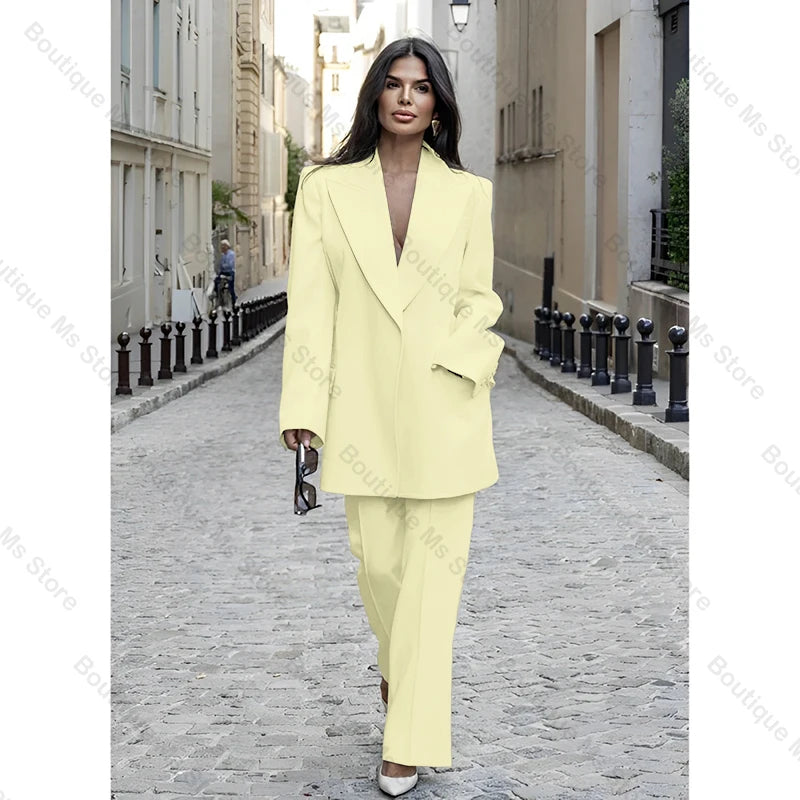 Chic Loose White Single Breasted Women Pants Set New Female Two Pieces(Blazer+Trousers) conjuntos femininos elegantes
