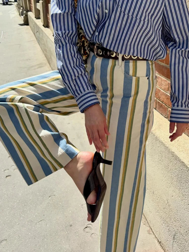 Colorful Striped Wide Leg Trousers Women Bohemian High Waist Multi-color Panelled Slim Straight Pants Fashion Lady Beachwear New