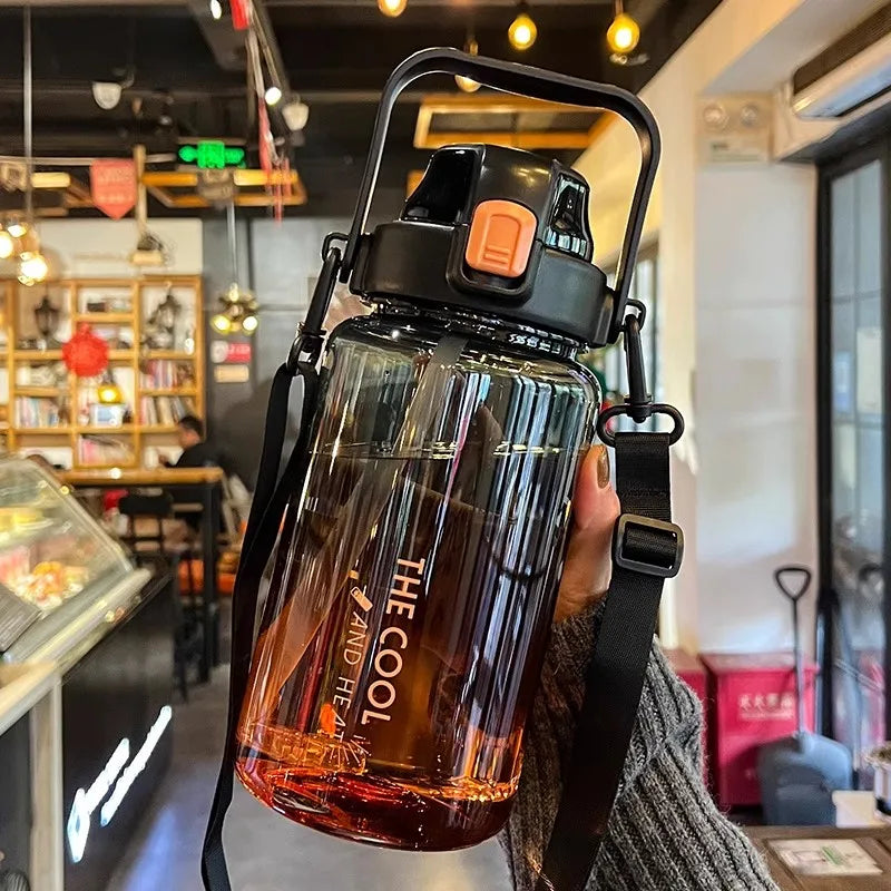 1.5/2 Liter Water Bottle Portable Plastic Sports Bottle With Straw Strap Large Tumbler Gym Travel Juice Drinking Bottle BPA Free