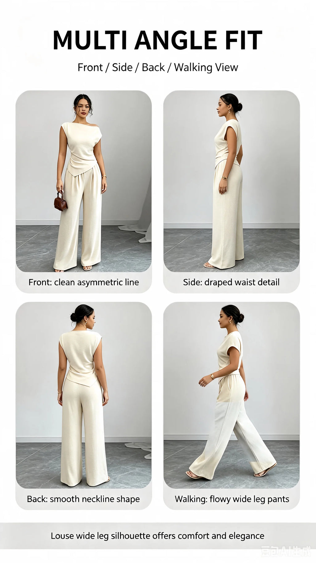 Elegant Pure Color Ladies Asymmetric Top And Wide Leg Pants 2-Piece Set for Commuting Casual Vacations Fashionable New Arrival