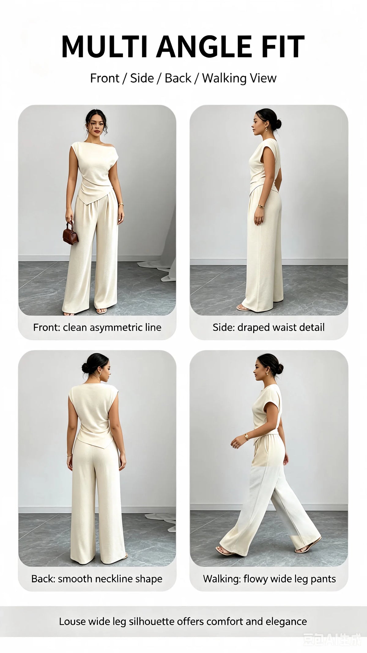 Elegant Pure Color Ladies Asymmetric Top And Wide Leg Pants 2-Piece Set for Commuting Casual Vacations Fashionable New Arrival