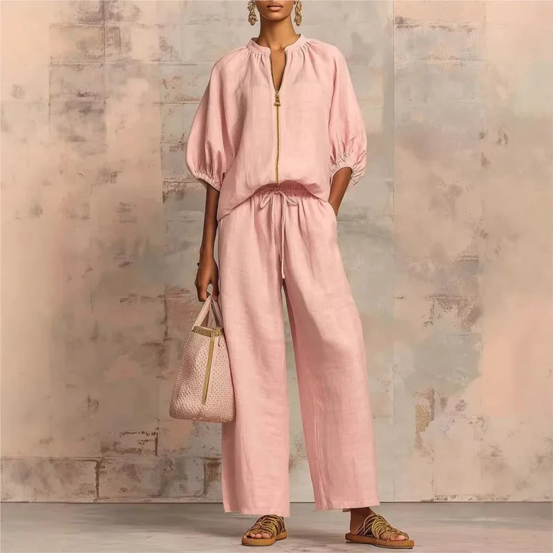 Women Solid 2 Piece Set Chic Laple Zipper Puff Sleeve Top + Wide Leg Pants Outfit Casual Matching Set for Vacation Daily Wear