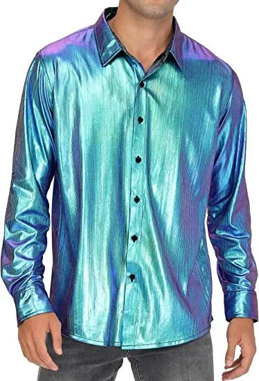 Metallic Shiny Polyester Dress Shirts for Men Black Solid Gold Red Silver Long Sleeve Turn Down Collar Prom Disco Men's Shirt