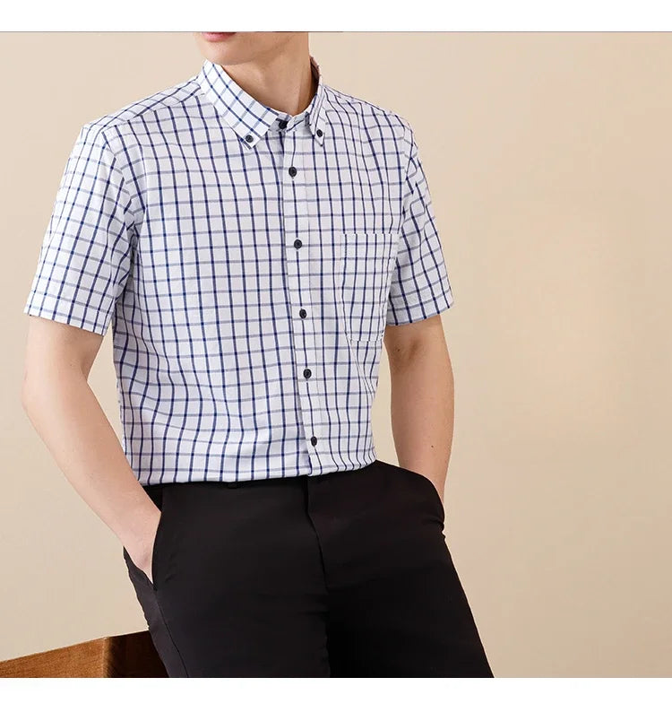 New In Shirt Summer 100%Cotton Short Sleeve Shirts for Men Slim Fit Formal Plain Shirt Designer Plaid Korean Popular Clothes