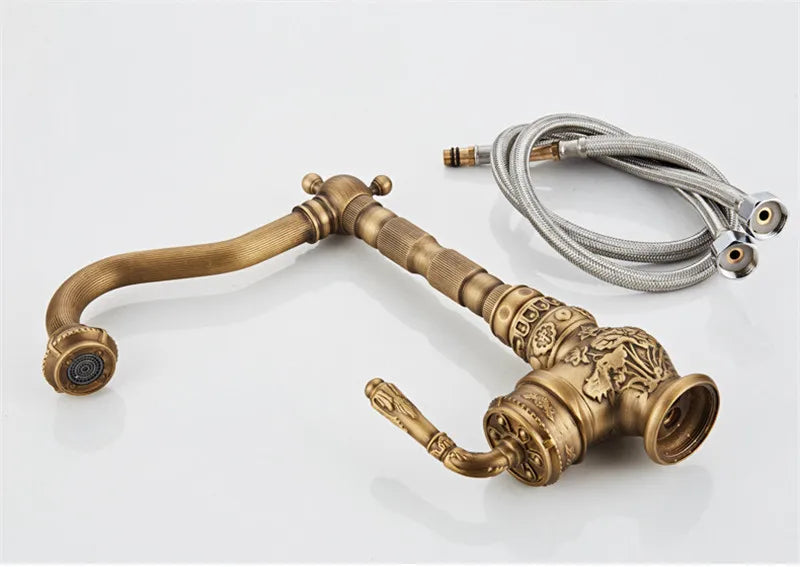 Tuqiu Basin Faucet Antique Sink Faucet Carved Bathroom Faucet Rotate Hot & Cold Brass Kitchen Faucet FWater Mixer Tap Crane