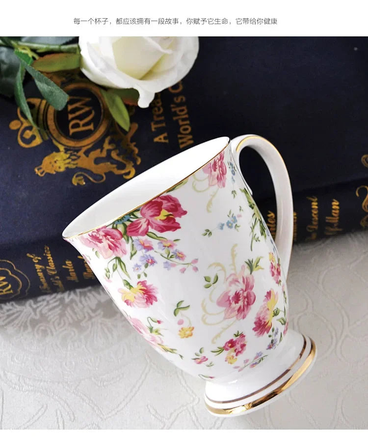 Classical Retro Bone China Mugs Large Capacity Ceramics Breakfast Milk Coffee Mug Pastoral Flower Tea Cup Home Office Drinkware