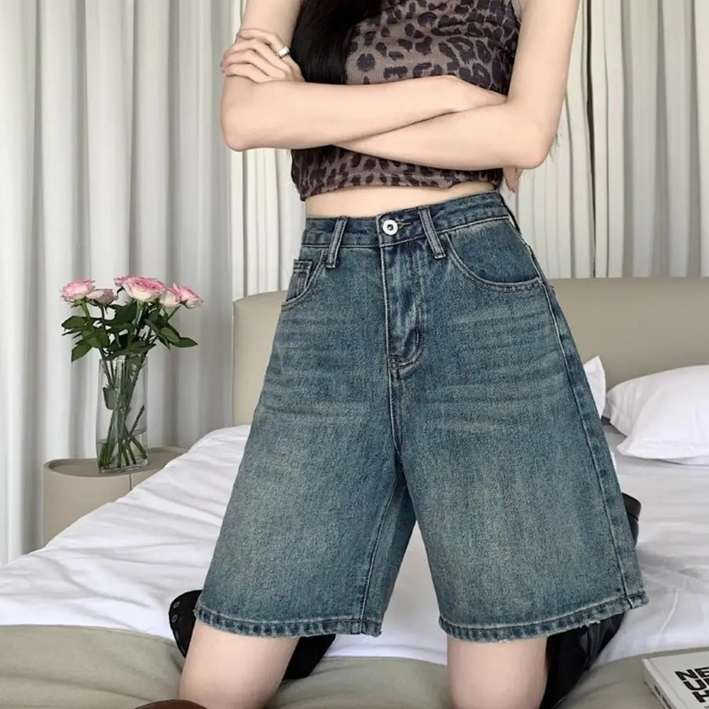 Retro Style Women Denim Shorts High Waist Vintage Washed Straight Wide Leg Button Zipper Knee Length Jeans Shorts Summer