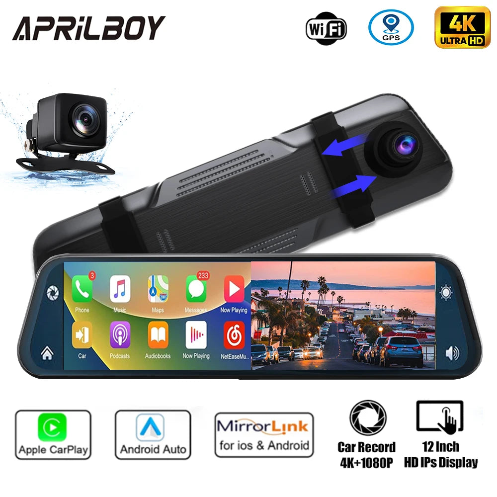 Aprilboy 10'' 4K Mirror Dash Cam Dual Camera with Wireless Carplay Android Auto Parking Assistance Loop Recording Navigation