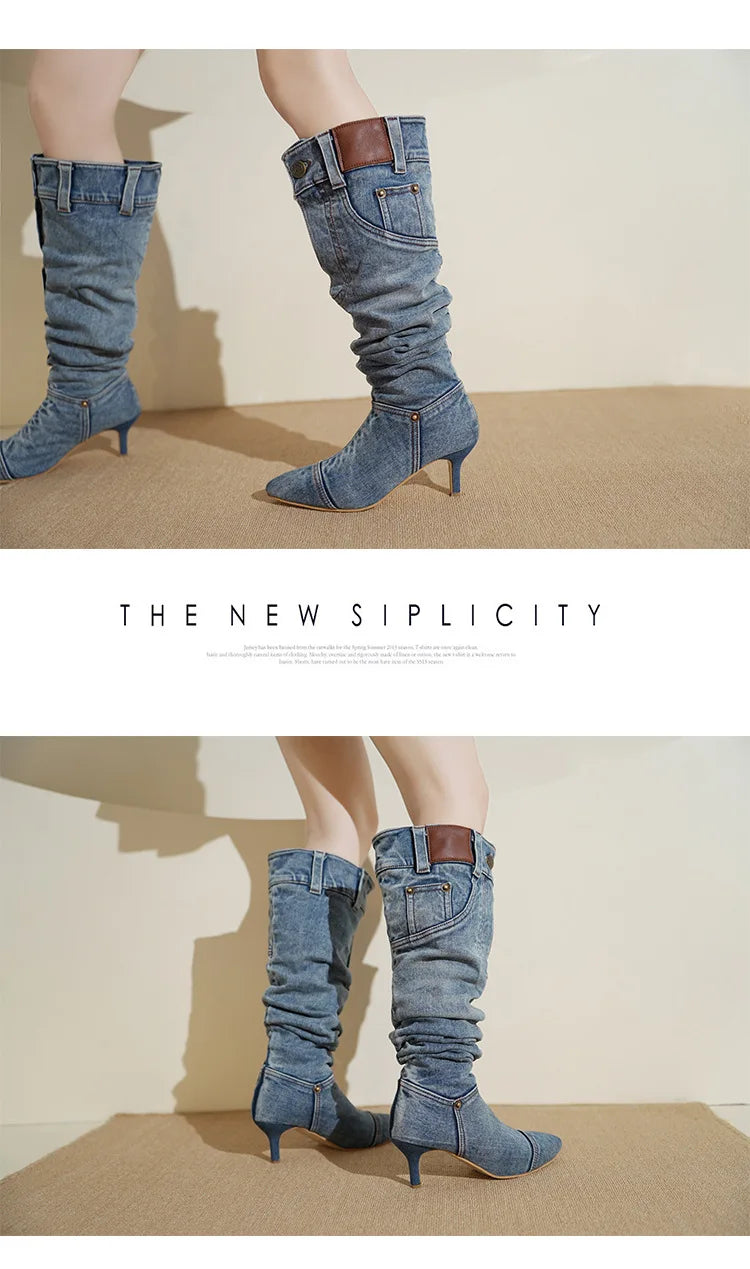 Denim Long Boots Women Knee Boots New 2025 Autumn Winter High Heels Retro Western Hot Girl Cowboy Boots Lady Modern Boot Botas